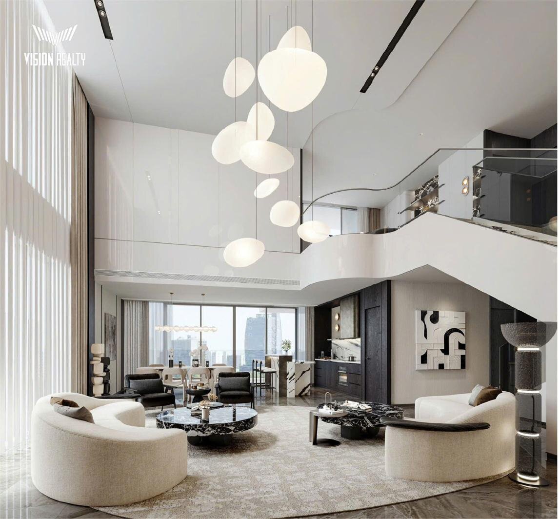 Phối cảnh phòng khách Duplex Penthouse với đèn chùm bóng đèn rơi - The Magnolia Long Biên