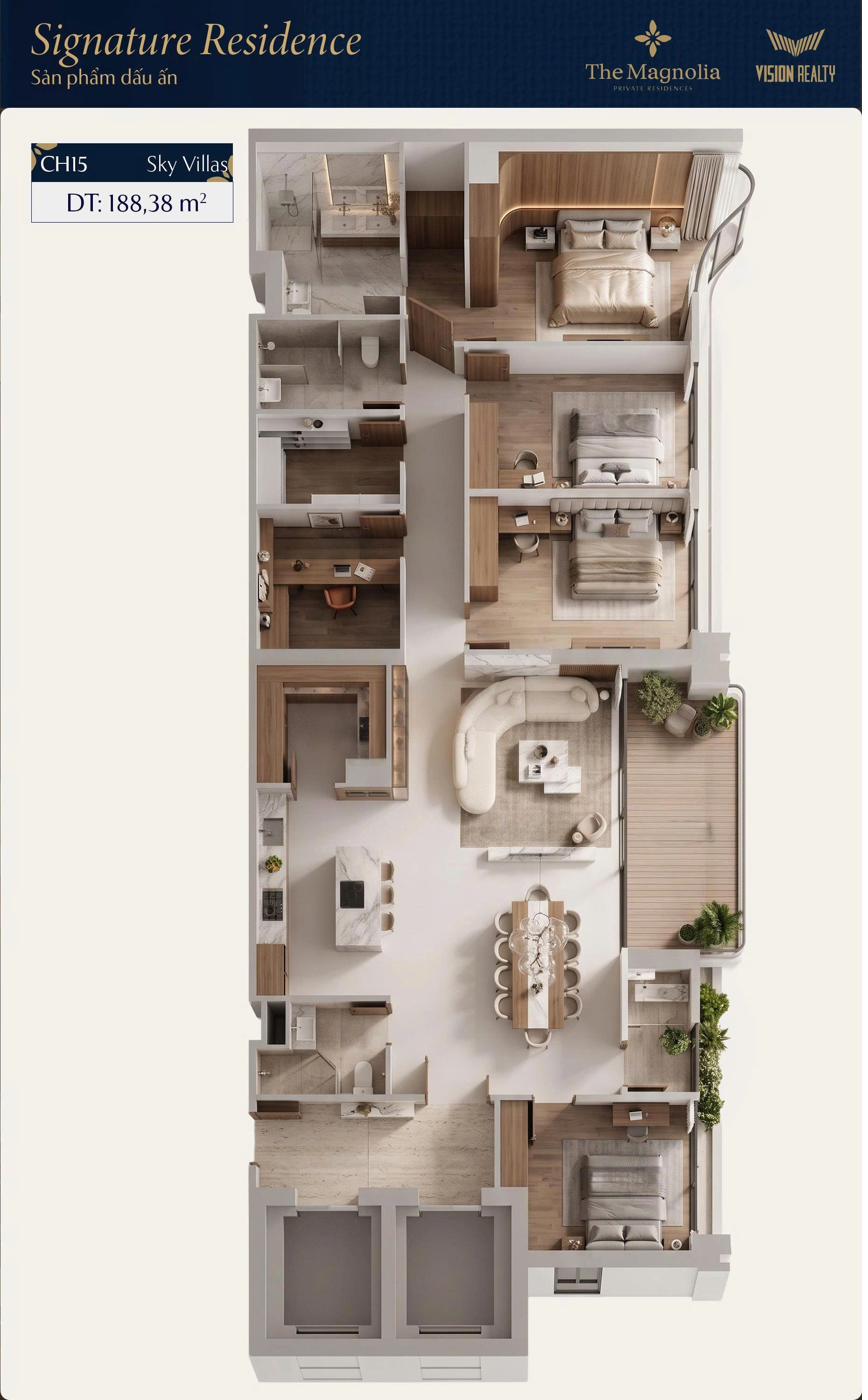 Mặt bằng 3D căn CH15 Sky Villas Signature Residences The Magnolia Long Biên 188,38m²